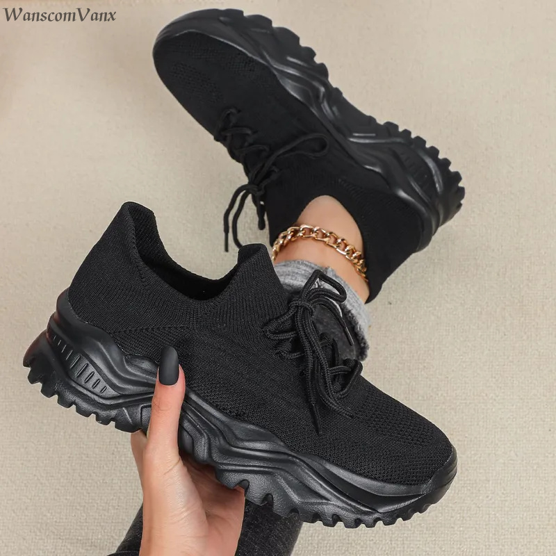 Knit Fabric Lace Up Sneakers - 여성과 남성을 위한 패션 청키 플랫폼
